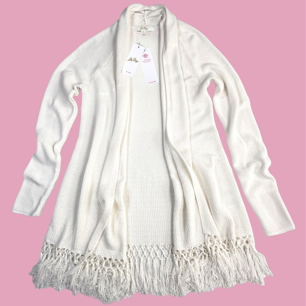 Lilly Pulitzer Tatum Cardigan White Open Front Fringe Scallop Sweater Hem XL